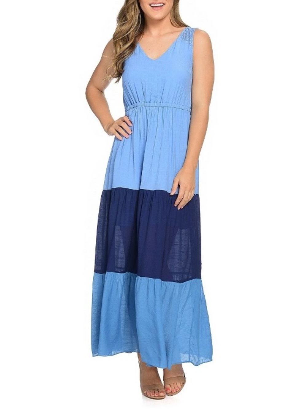 NEW DIRECTIONS Dress Sleeveless Tiered Maxi Dress Light Blue and Navy Women L